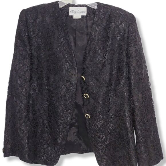 Oleg Cassini Black Lace Jacket Evening Gold Buttons V neck Vintage 10 - Picture 3 of 12
